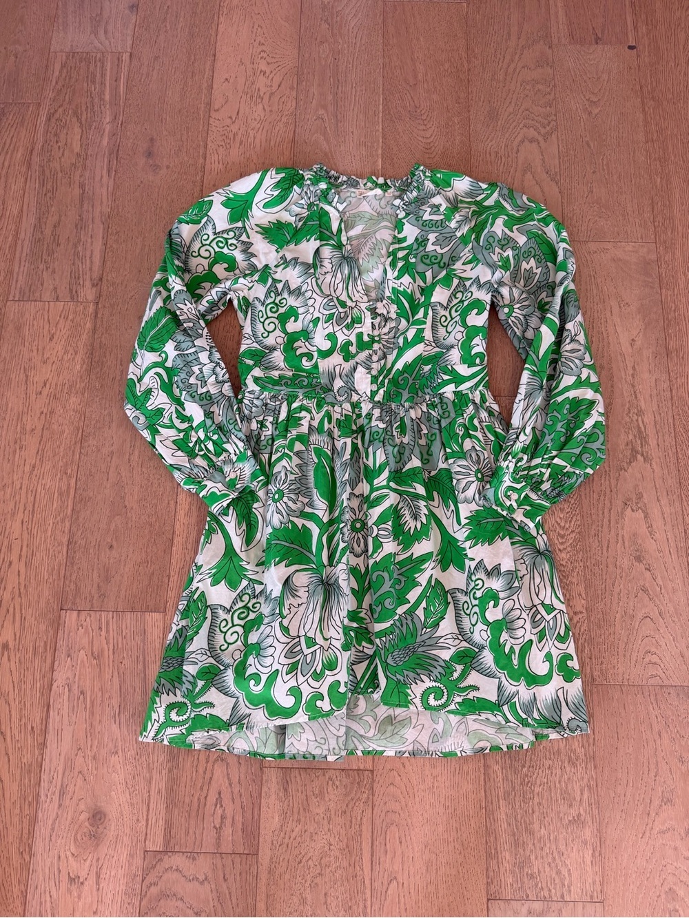 Let Me Be Anthropologie Green Floral Mini Dress - Size S - 100% Cotton